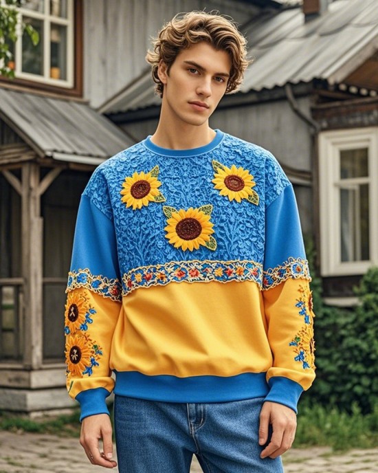 Men's Ukrainian Sunflower Embroidery Crew Neck Casual Sweatshirt Men's Ukrainian Sunflower Embroidery Crew Neck Casual Sweatshirt