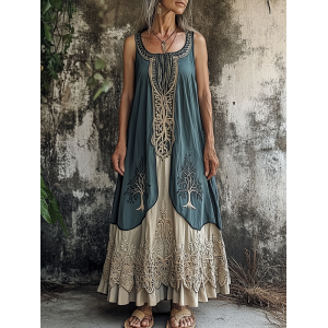 Women's Vintage Tribal Patchwork Linen Blend Midi Dress