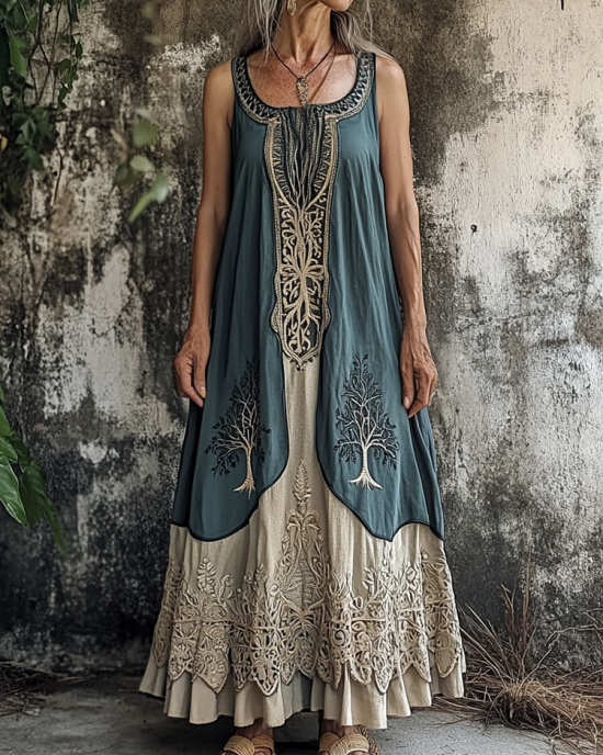 Women's Vintage Tribal Patchwork Linen Blend Midi Dress Women's Vintage Tribal Patchwork Linen Blend Midi Dress