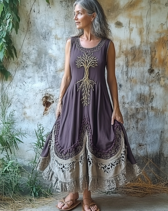 Women's Vintage Tribal Tree Of Life Patchwork Linen Blend Midi Dress Women's Vintage Tribal Tree Of Life Patchwork Linen Blend Midi Dress