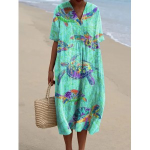 Women's Resort Collection Watercolor Turtle Pattern Pattern Casual Flowy Midi Dress