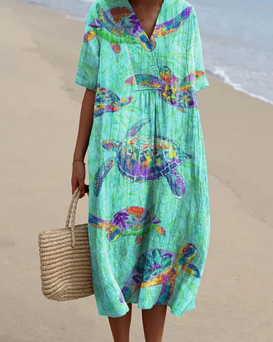 Women's Resort Collection Watercolor Turtle Pattern Pattern Casual Flowy Midi Dress