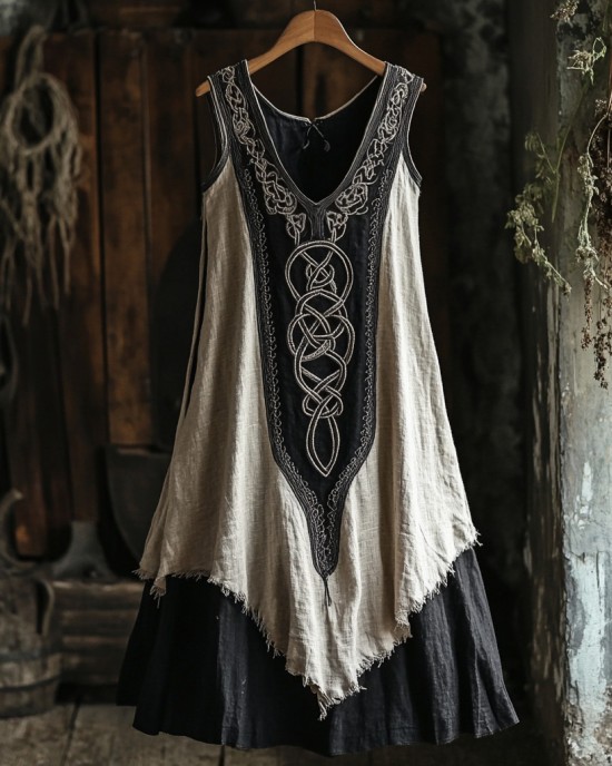 Tribal Celtic Embroidery Patchwork Art Linen Tank Dress Tribal Celtic Embroidery Patchwork Art Linen Tank Dress