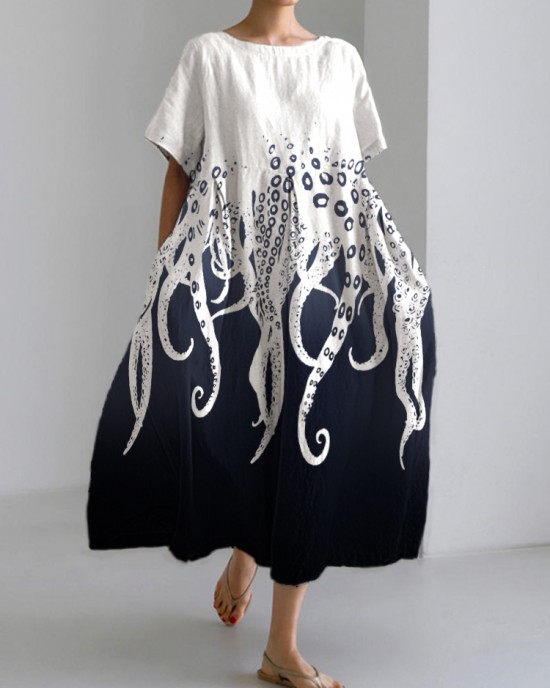 Ocean Octopus Japanese Art Linen Blend Casual Dress Ocean Octopus Japanese Art Linen Blend Casual Dress