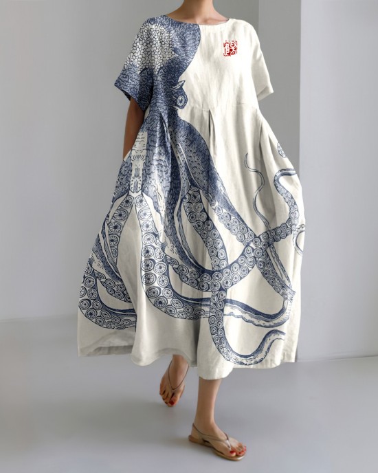 Japanese Art Octopus And Crab Print Casual Art Linen Blend Maxi Dress Japanese Art Octopus And Crab Print Casual Art Linen Blend Maxi Dress