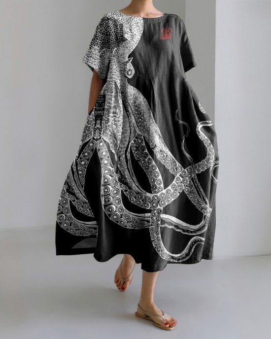 Japanese Art Octopus And Crab Print Casual Art Linen Blend Maxi Dress Japanese Art Octopus And Crab Print Casual Art Linen Blend Maxi Dress