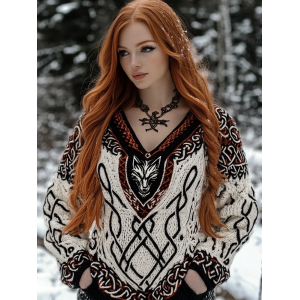 Women's Viking Wolf Jacquard Celtic Style Knit V-neck Sweater