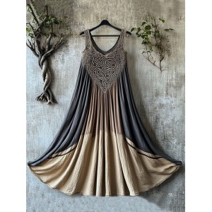 Vintage Viking Celtic Embroidery Art Patchwork Linen Tank Dress