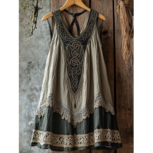 Tribal Celtic Embroidery Patchwork Lace Art Linen Tank Dress