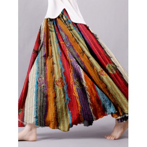 Boho Colorful Textile Flowy Linen Blend Wide Skirt