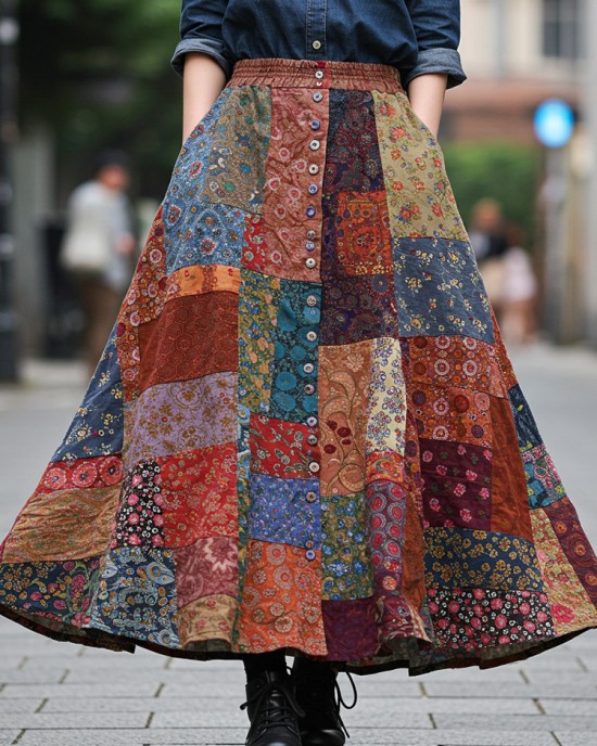 Bohemian Style Colorful Patchwork Ethnic Print Skirt Bohemian Style Colorful Patchwork Ethnic Print Skirt