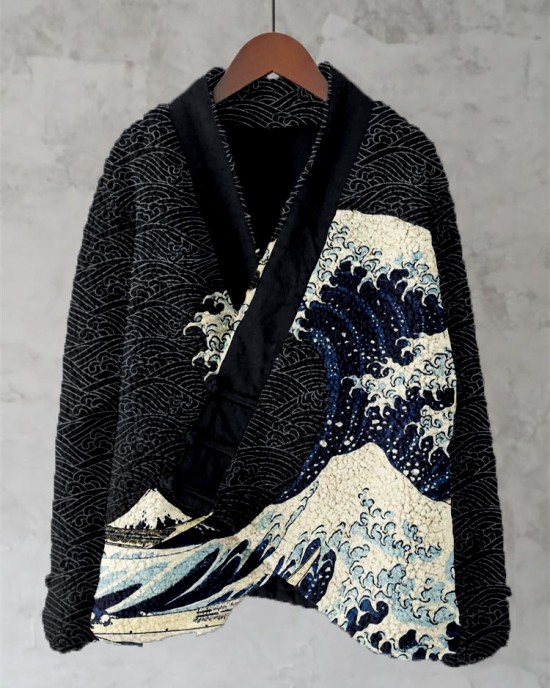 Great Wave Japanese Art Fleece Kimono Cardigan Great Wave Japanese Art Fleece Kimono Cardigan