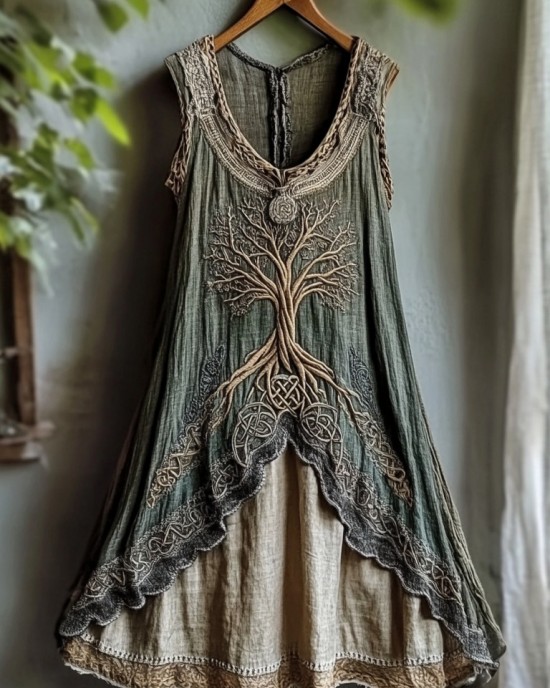 Tribal Viking Life Of Tree Celtic Knot Lace Art Linen Tank Dress