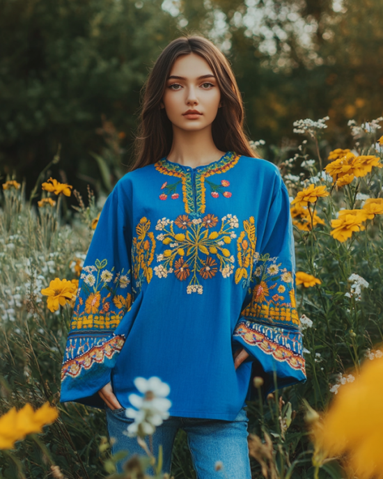 Vintage Ukrainian Folk Floral Embroidery Linen Shirt