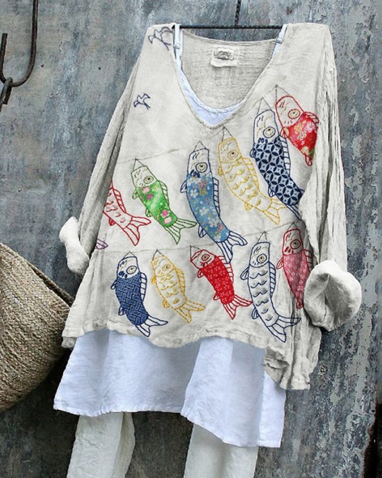 Japanese Colorful Carp Streamer Embroidered Linen Blend Tunic Japanese Colorful Carp Streamer Embroidered Linen Blend Tunic