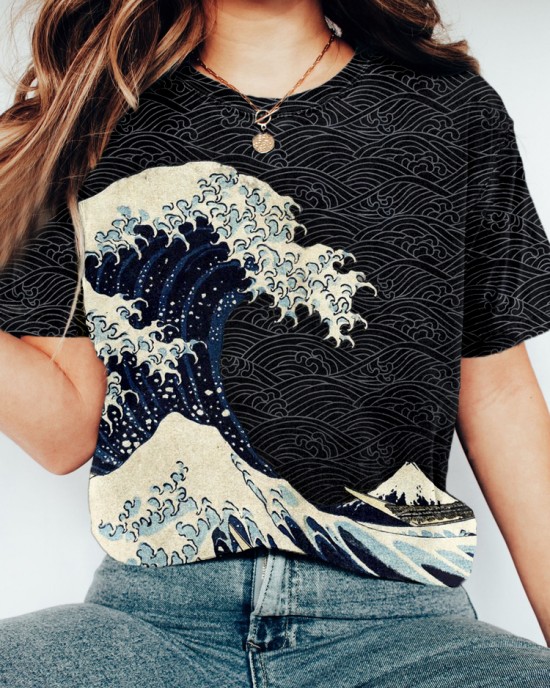 Japanese Wave Inspired Graphic Crew Neck Vintage T Shirt Japanese Wave Inspired Graphic Crew Neck Vintage T Shirt