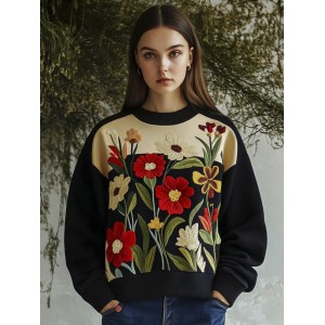 Vibrant Floral Embroidery Women's Crew Neck Sweatshirt