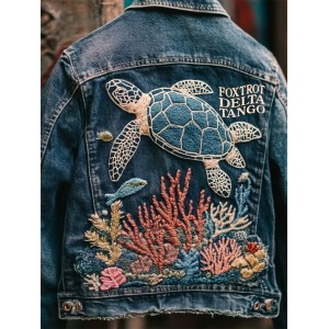 Foxtrot Data Tango Gulf Of Mexico Turtle Coral Embroidered Denim Jacket