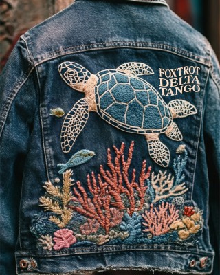 Foxtrot Data Tango Gulf Of Mexico Turtle Coral Embroidered Denim Jacket