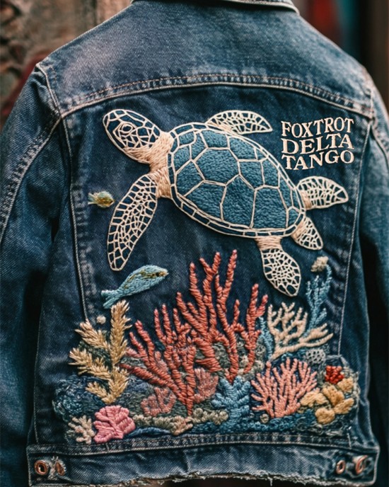 Foxtrot Data Tango Gulf Of Mexico Turtle Coral Embroidered Denim Jacket Foxtrot Data Tango Gulf Of Mexico Turtle Coral Embroidered Denim Jacket