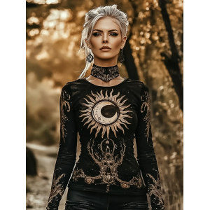 Retro Mystical Moon Print Basic T-shirt