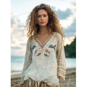 Retro Shoal Of Fish Embroidery Print Linen Blend Loose Blouse