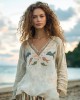 Retro Shoal Of Fish Embroidery Print Linen Blend Loose Blouse Retro Shoal Of Fish Embroidery Print Linen Blend Loose Blouse