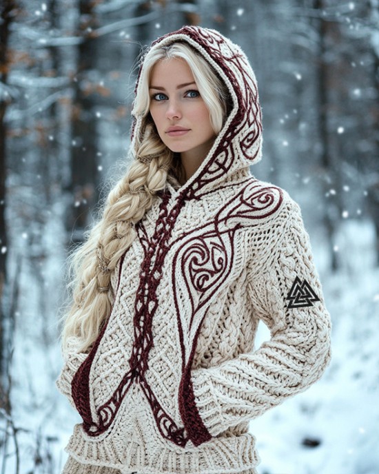 Women's Viking Jacquard Celtic Knitted Hooded Sweater Women's Viking Jacquard Celtic Knitted Hooded Sweater