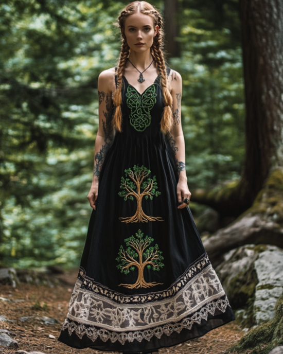 Tribal Celtic Knot Life Of Tree Lace Patchwork Art Linen Tank Dress