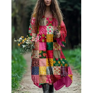 Bohemian Patchwork Art Pattern Flowy Linen Dress