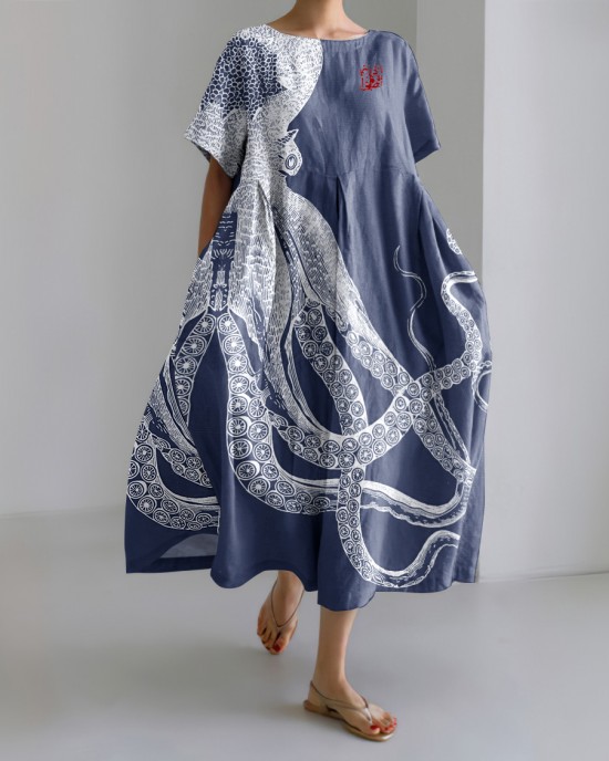Japanese Art Octopus And Crab Print Casual Art Linen Blend Maxi Dress Japanese Art Octopus And Crab Print Casual Art Linen Blend Maxi Dress