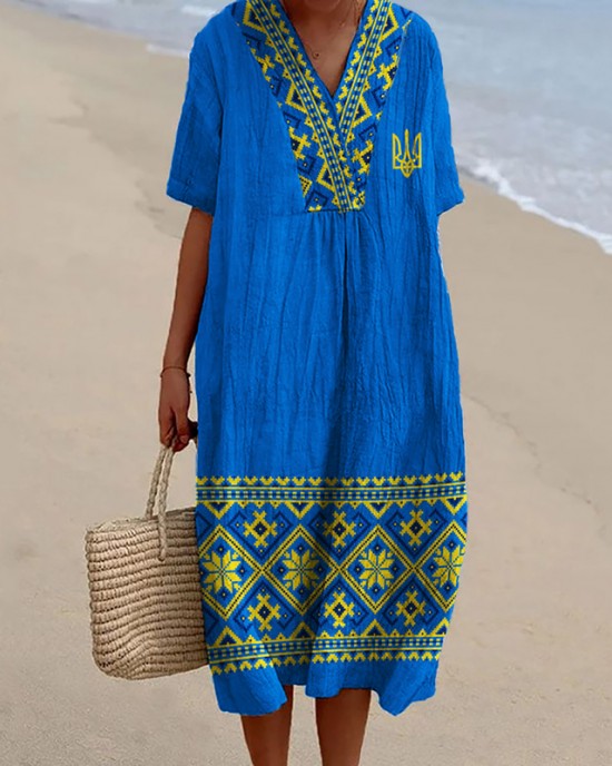 Ukraine Trident Ethnic Linen Blend Maxi Dress