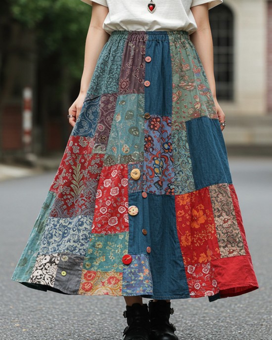 Bohemian Style Colorful Patchwork Ethnic Print Skirt Bohemian Style Colorful Patchwork Ethnic Print Skirt