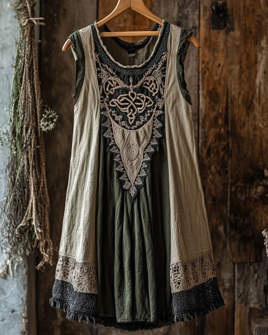 Tribal Celtic Knot Lace Patchwork Art Linen Tank Dress Tribal Celtic Knot Lace Patchwork Art Linen Tank Dress