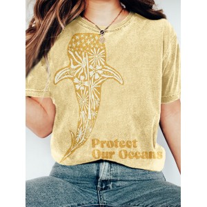 Protect Our Oceans Whale Shark Print Washed T Shirt