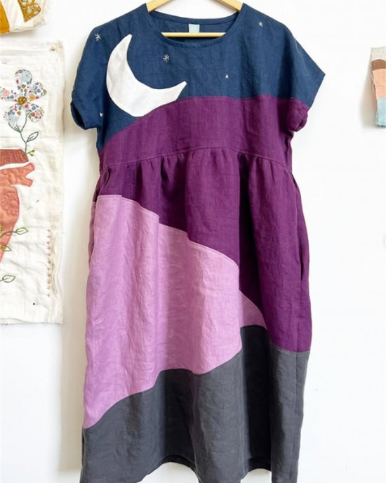 Night Sky Inspired Colorblock Patchwork Linen Dress Night Sky Inspired Colorblock Patchwork Linen Dress