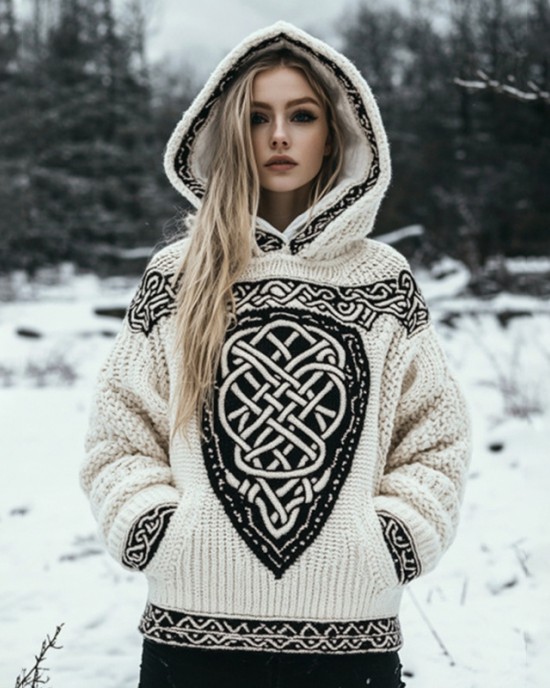 Women's Tribal Knit Jacquard Warm Hooded Sweater