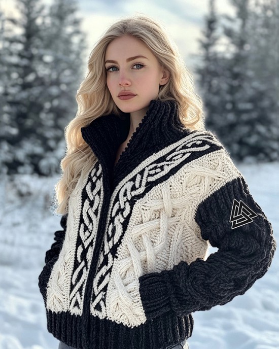Women's Viking Tribal Jacquard Celtic Inspired Chunky Knit Zipper Cardigan Women's Viking Tribal Jacquard Celtic Inspired Chunky Knit Zipper Cardigan