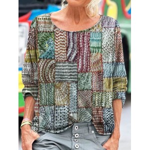 Geometric Stitch Embroidery Patchwork Pattern Women's Linen Long Sleeve T-shirt