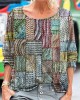 Geometric Stitch Embroidery Patchwork Pattern Women's Linen Long Sleeve T-shirt Geometric Stitch Embroidery Patchwork Pattern Women's Linen Long Sleeve T-shirt