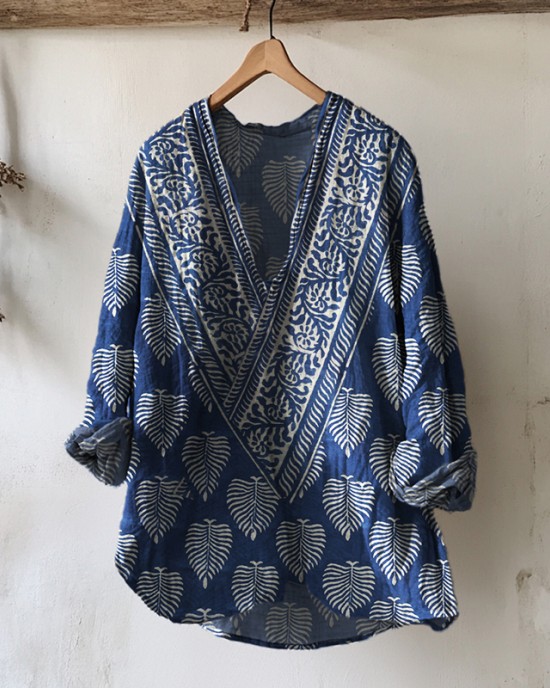 Indigo Leaves Ethnic Block Print Beach Linen Tunic Indigo Leaves Ethnic Block Print Beach Linen Tunic