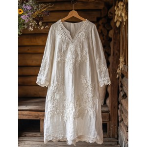 Floral Embroidery Lace Art Linen Blend Maxi Dress