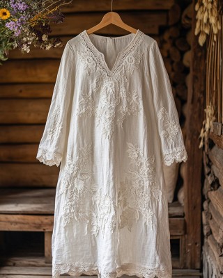 Floral Embroidery Lace Art Linen Blend Maxi Dress