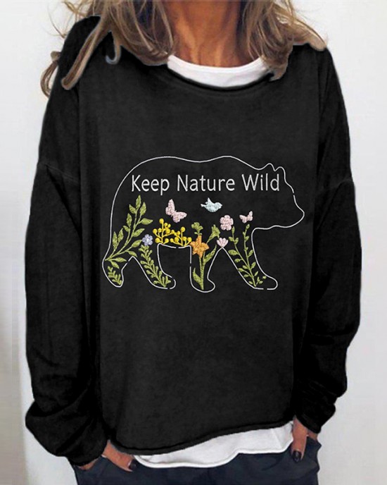 Keep Nature Wild Floral Bear Embroidered Comfy T Shirt Keep Nature Wild Floral Bear Embroidered Comfy T Shirt