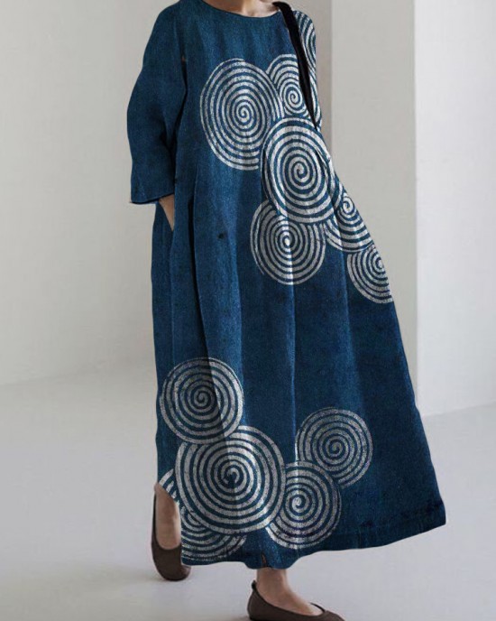 Sea Waves Ripples Japanese Lino Art Linen Blend Maxi Dress Sea Waves Ripples Japanese Lino Art Linen Blend Maxi Dress