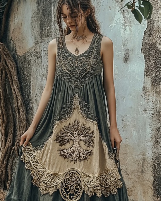 Vintage Tribal Viking Tree Of Life Celtic Knot Linen Blend Tank Midi Dress Vintage Tribal Viking Tree Of Life Celtic Knot Linen Blend Tank Midi Dress