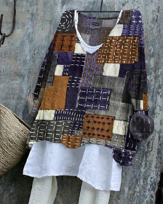 Japanese Sashiko Art Stitched Linen Blend Tunic Japanese Sashiko Art Stitched Linen Blend Tunic