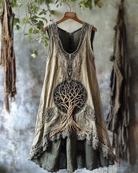 Tribal Life Of Tree Celtic Embroidery Art Linen Tank Dress Tribal Life Of Tree Celtic Embroidery Art Linen Tank Dress