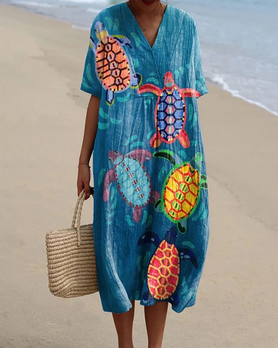 Women's Resort Collection Watercolor Turtle Pattern Pattern Casual Flowy Midi Dress Women's Resort Collection Watercolor Turtle Pattern Pattern Casual Flowy Midi Dress