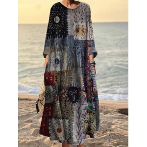 Vintage Stitching Geometric Pattern Women's Linen Maxi Dress